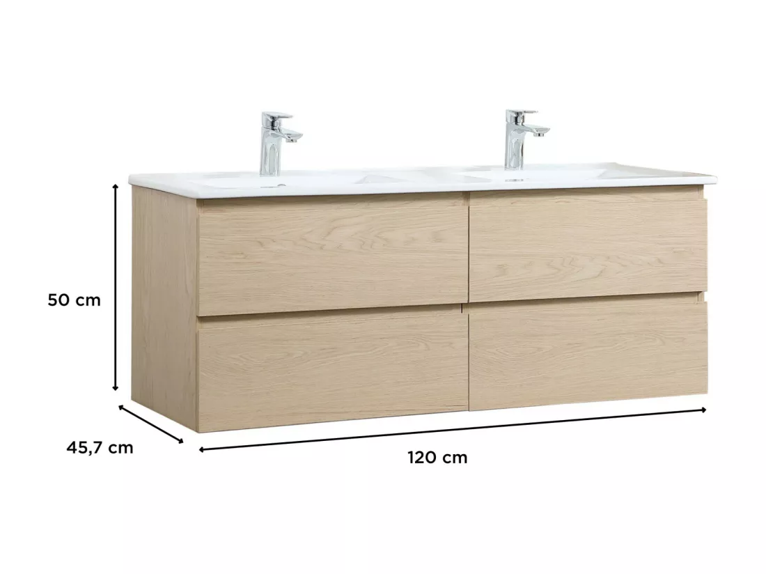 Meuble double vasque décor chêne 120cm + plan double vasque