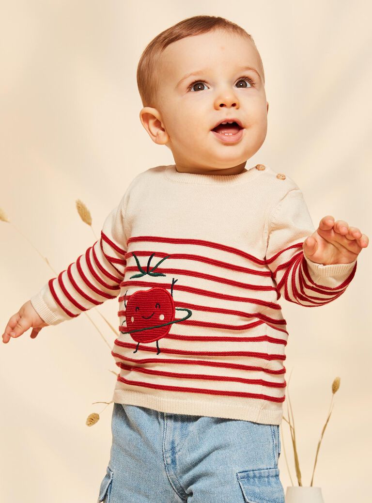 Pull marinière vanille et rouge en tricot tomate