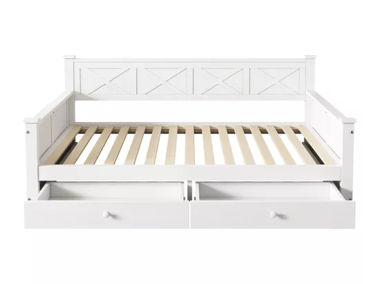 Lit simple, 90x200cm, Lit avec sommier à lattes (sans matelas), 2 tiroirs, Style minimaliste, Pin, Lit en bois, Blanc