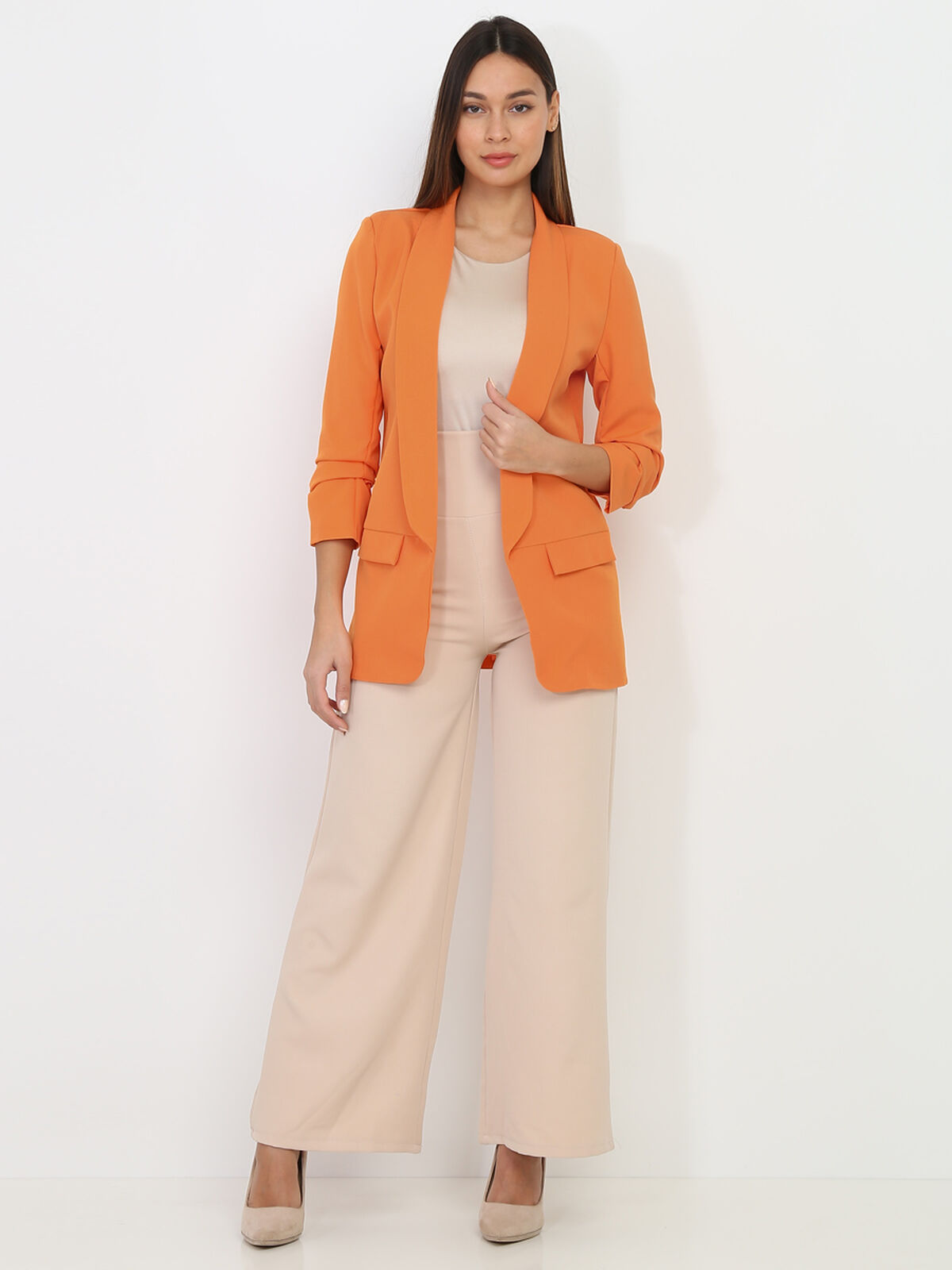 Veste blazer à manches retroussées- Orange foncé