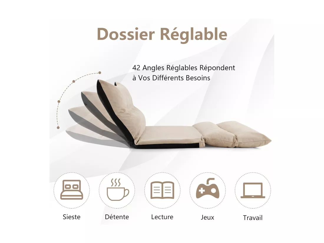 Canapé-lit Paresseux Pliable, Canapé Convertible avec Dossier Réglable à 42 Positions, Chauffeuse avec 2 Oreillers, pour Salon, Chambre, Balcon (Beige)