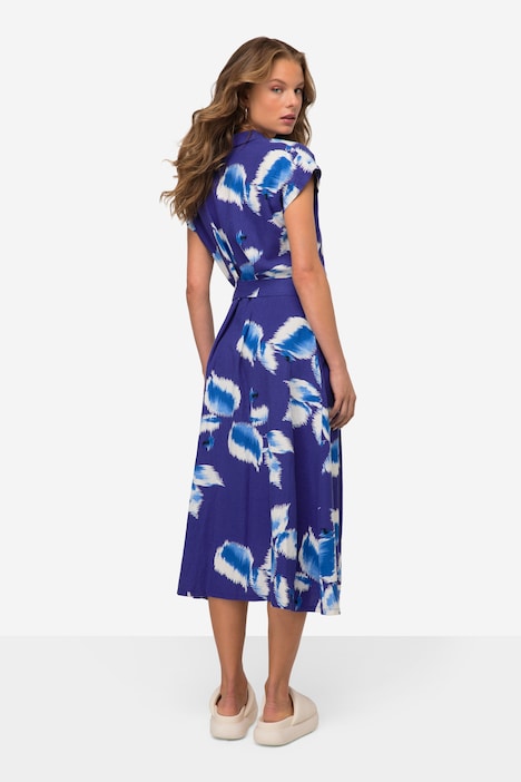 Leinenmix-Kleid, Print, Hemdkragen, Taillengürtel, Halbarm
