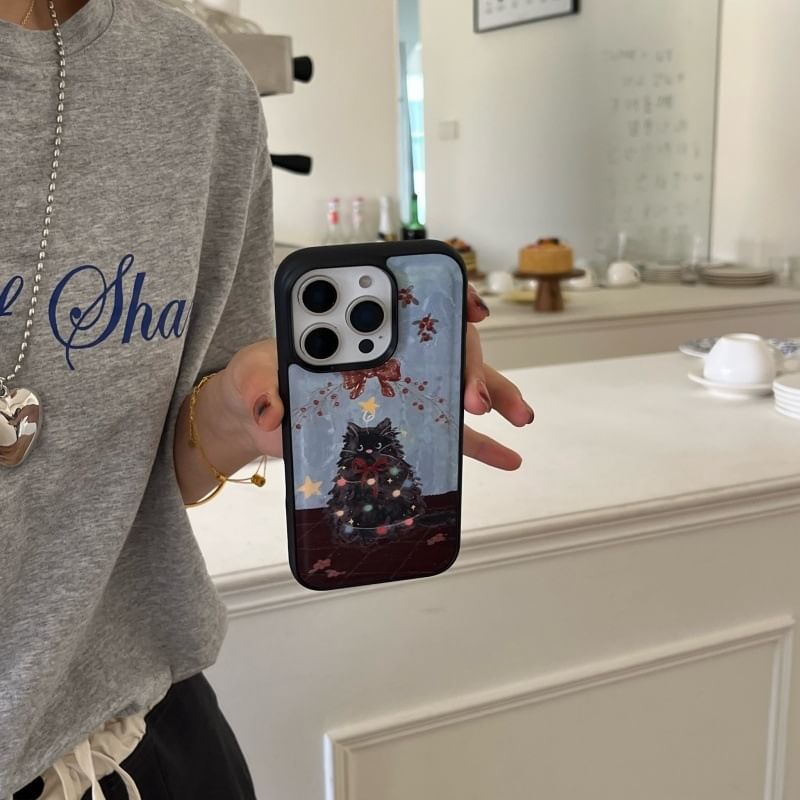 Fonekase - Kerstmis Kat Kunstleren Telefoonhoesje - iPhone 16 Pro Max / 16 Pro / 16 Plus / 16 / 15 Pro Max / 15 Pro / 15 Plus / 15 / 14 Pro Max / 14 Pro / 14 Plus / 14 / 13 Pro Max / 13 Pro / 13 / 13 Mini