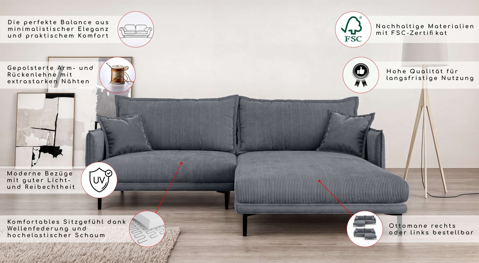 Home affaire Ecksofa »ALEXANDRIA mit Recamiere rechts oder links bestellbar, moderne Bezüge« L-Form mit Wellenunterfederung, Masse: B/H/T 246/86/190 cm