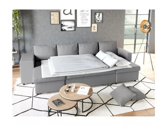 Canapé d'angle panoramique Oslo convertible avec coffres et poufs à gauche - Tissu - Gris clair - L311 x P146 x H81cm - Loungitude