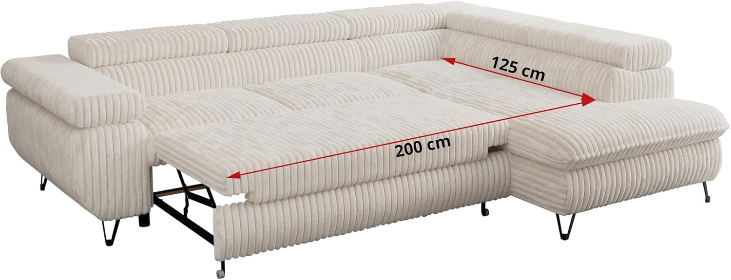 MKS MEBLE Ecksofa Wohnlandschaft L-Form mit Schlaffunktion und Bettkasten, Schlafsofa mit Bettkasten, Sofa mit Einstellbare Kopfstützen, Peter L - Cord - Links Beige
