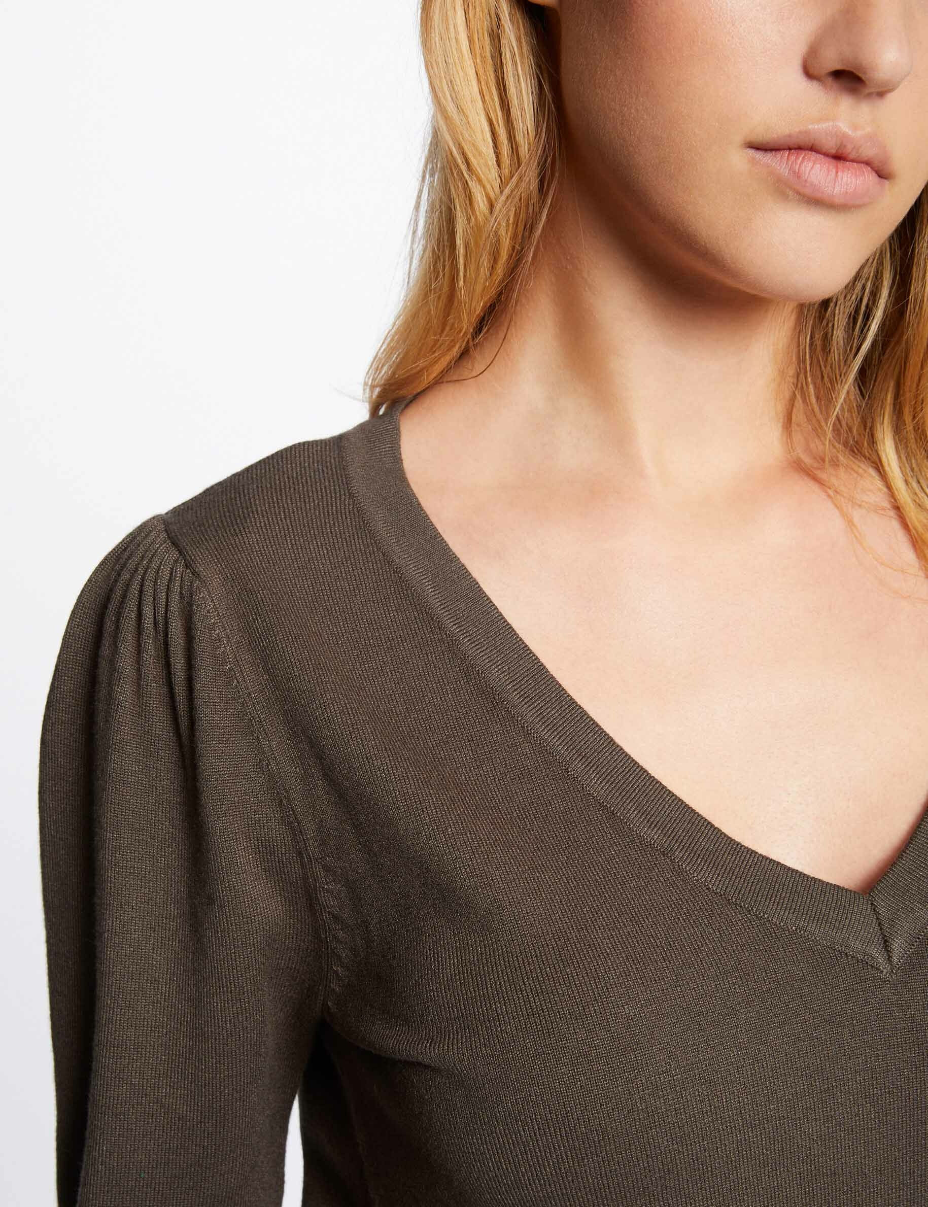 Pull manches longues avec col en V vert kaki femme - vert_kaki