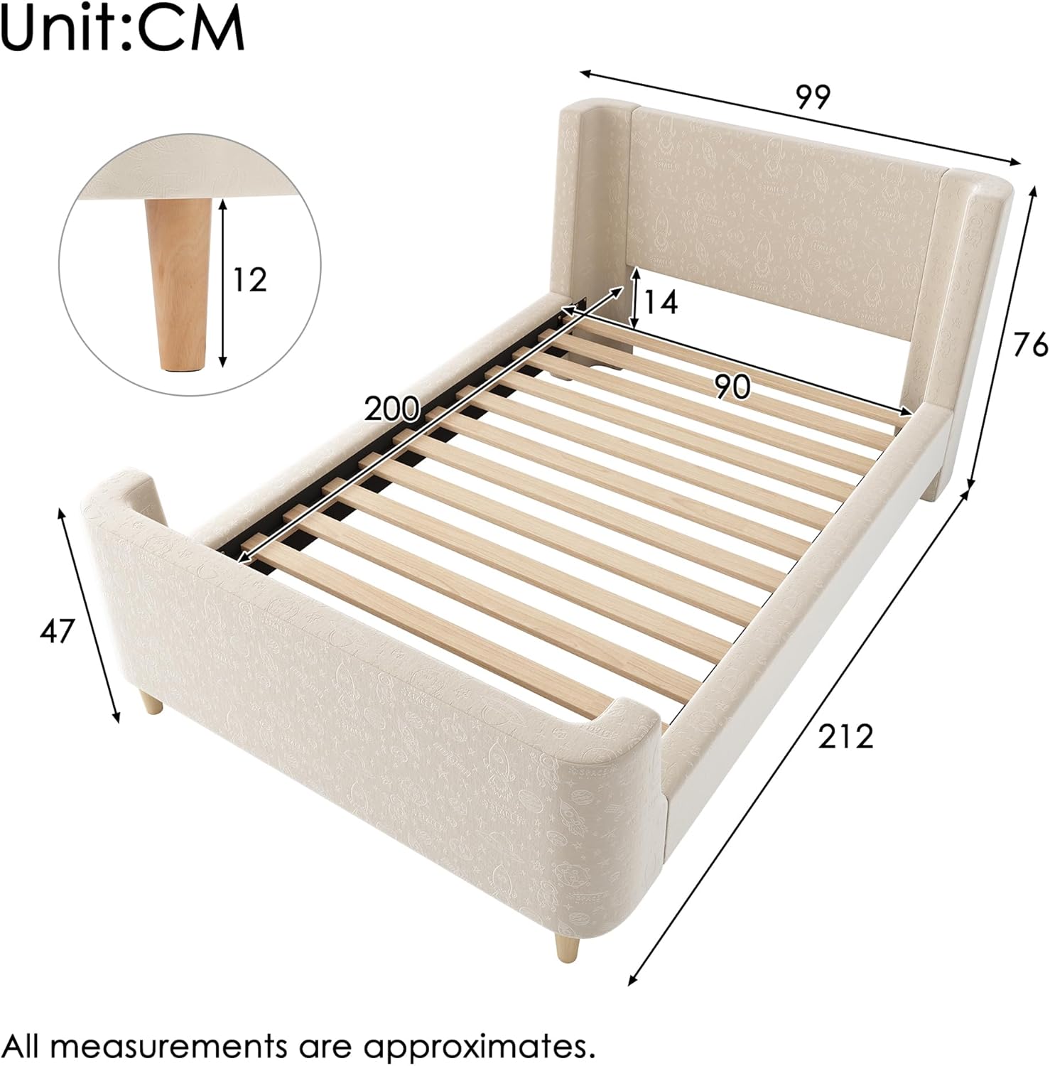 Merax Polsterbett Kinderbett 90x200 cm – Einzelbett Schlittenbett für Jungen & Mädchen, Samt Beige, Cartoon Weltraum-Muster, Stabil & Gepolstertes Kopfteil, ohne Matratze