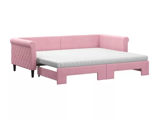 Lit de jour avec gigogne et matelas rose 90x200 cm velours