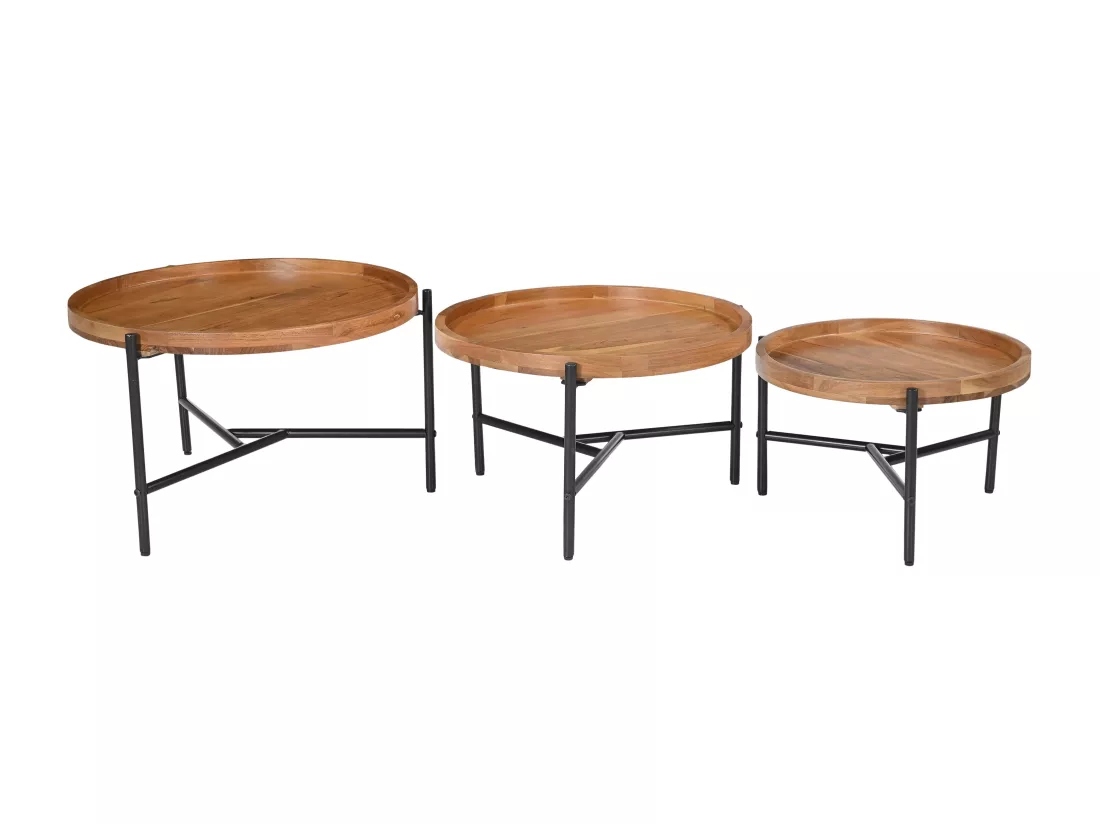 Tables basses gigognes en bois d'acacia et métal noir - Naturel clair - ELORA