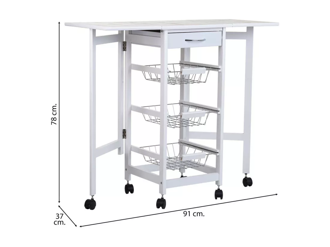 Chariot de cuisine en bois blanc 37/91x37x79h