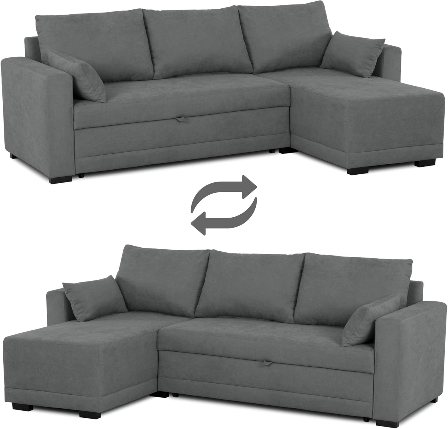 BUDWING Leah Eck-Schlafsofa 4-Sitzer – Reversible Chaise Longue & 2 Zierkissen – Polsterung aus Polyester – Modernes Design – 233x124x69 cm – Dunkelgrau