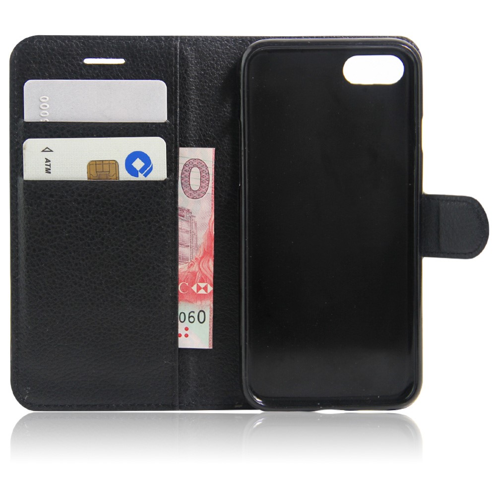 iPhone SE (2022/2020) / 8 / 7 Leder Tasche Hülle Karten Etui Litchi Look - Schwarz