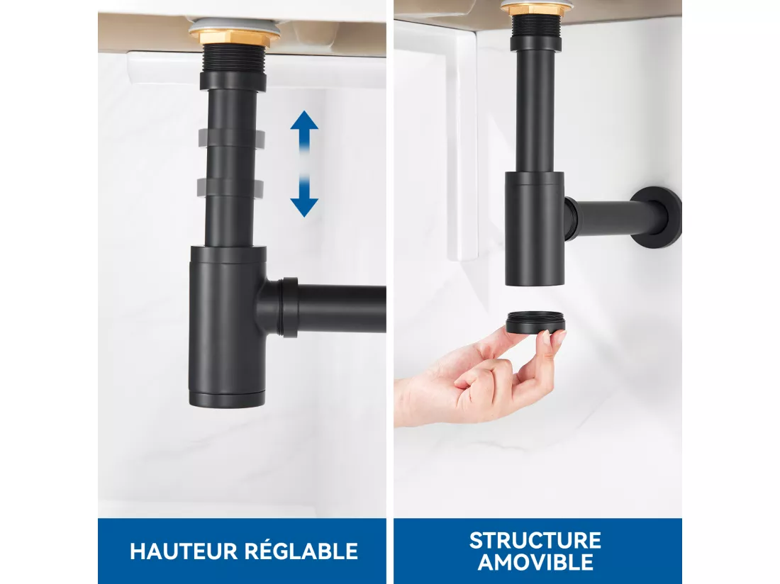 Siphon de Lavabo Inoxydable,Auralum max Universel Siphon Design 1 1/4,Piège à Déchets avec Extra Long Tube d'extension,Anti Odeur Anti-fuite,Noir