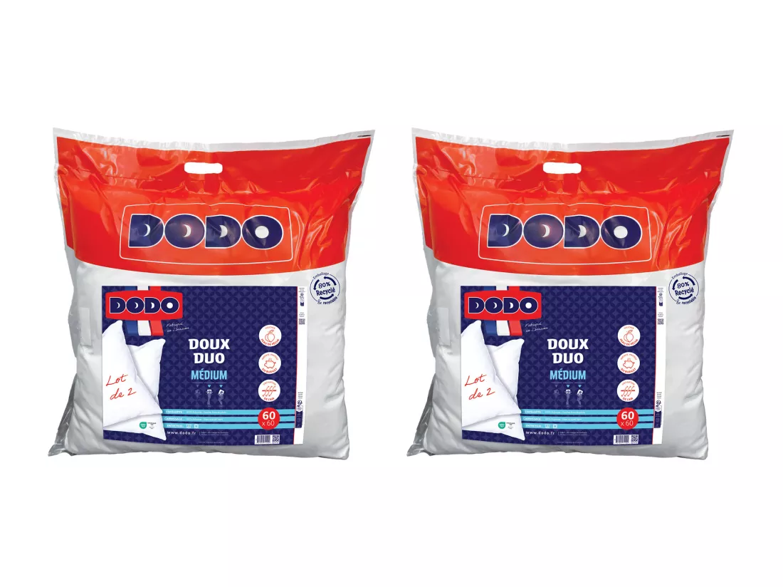 Lot de 2 oreillers DODO toucher peau de pêche - 60 x 60 cm - DOUX DUO