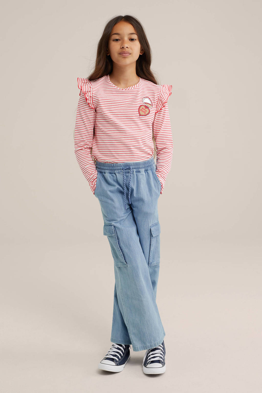 WE Fashion gestreepte longsleeve felroze/wit