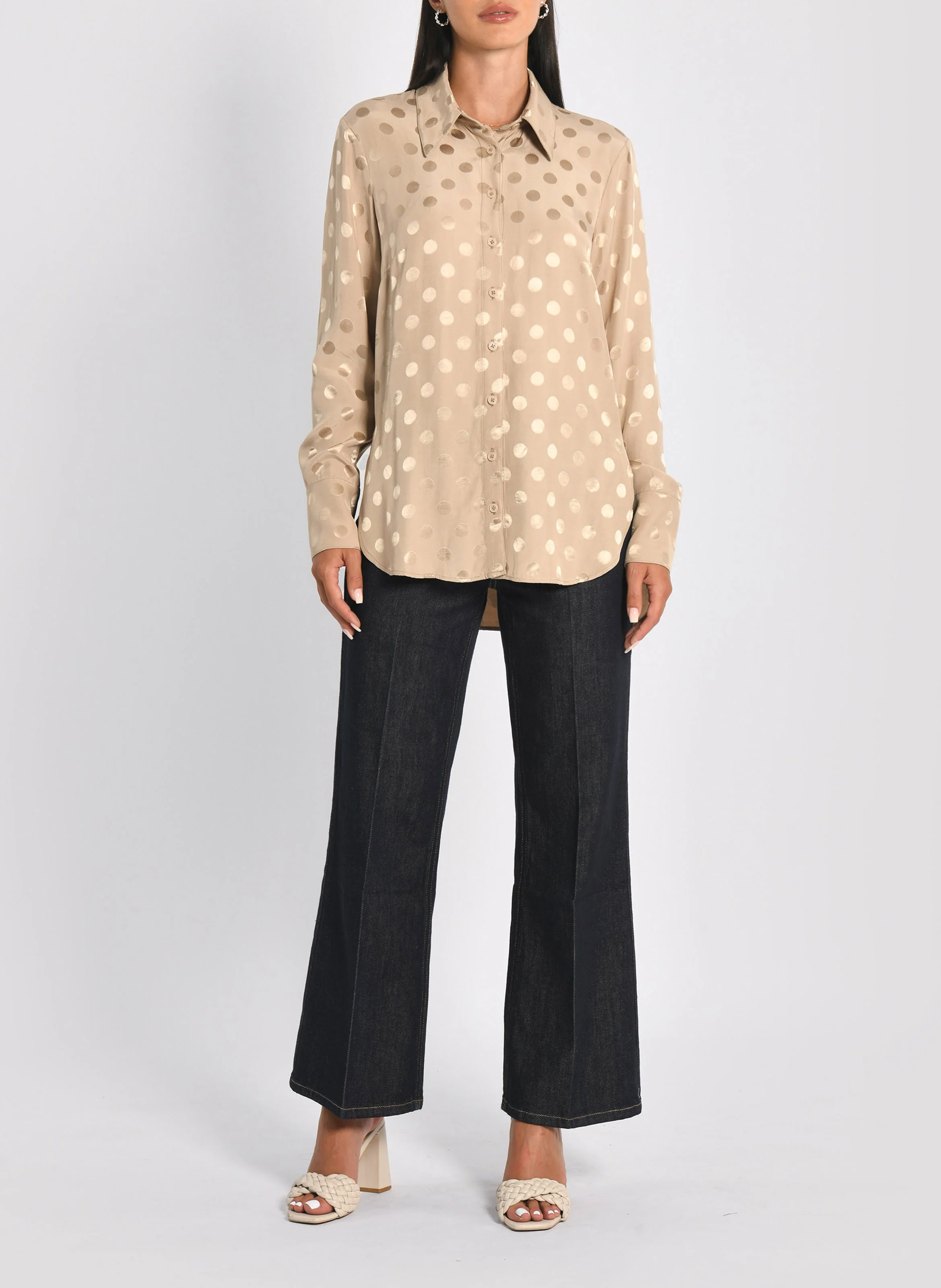 BELLA - Chemise col classique à motif pois brillants| Beige