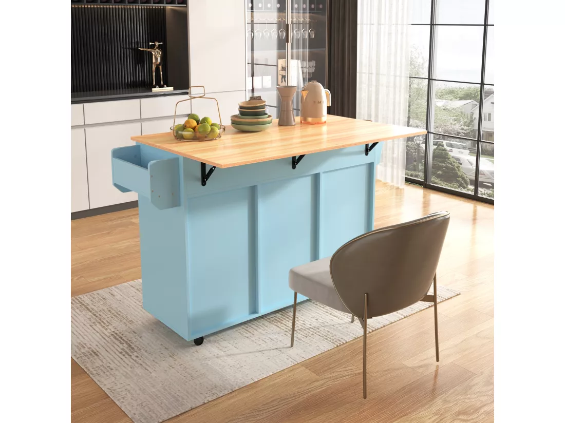 Ilot central de cuisine mobile avec 2 portes et 3 tiroirs - plateau extensible - 129x46/71x91,5 cm - Bois MDF + métal - Bleu + naturel