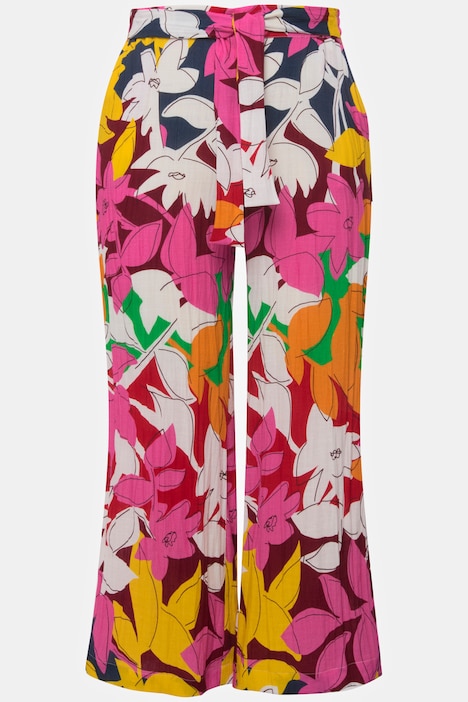 7/8-Hose, Leinenoptik, Blumen, weites Bein, Komfortbund