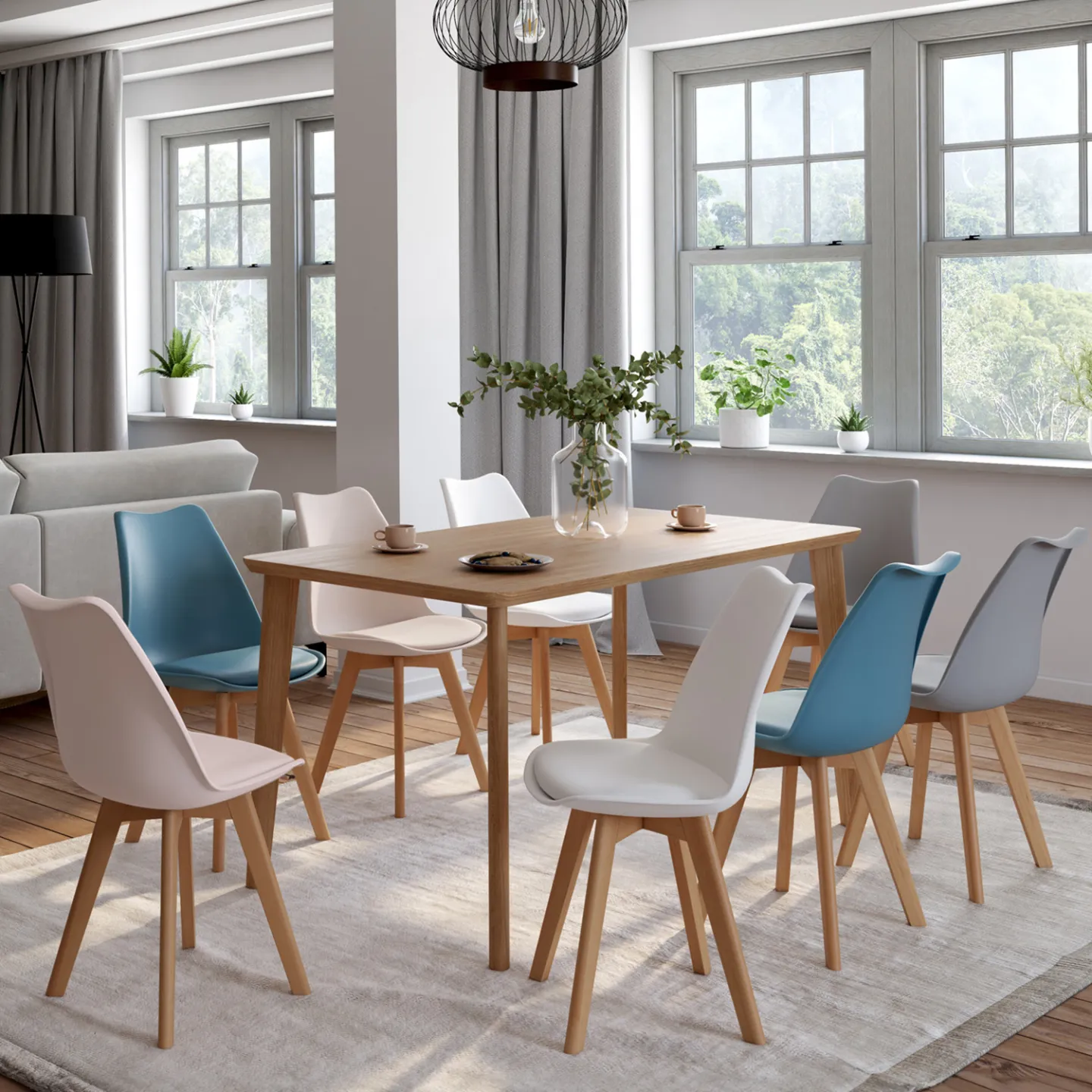 Lot de 8 chaises scandinaves SARA mix color pastel rose x2, blanc x2, gris clair x2, bleu x2