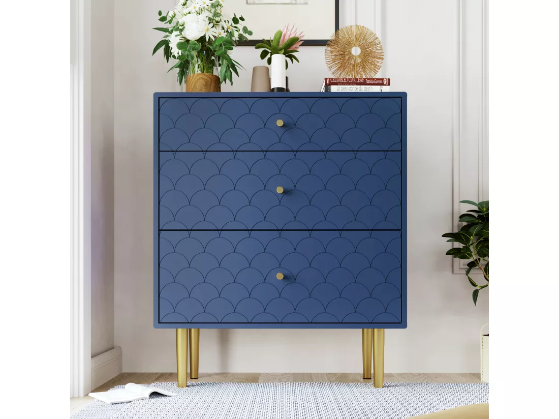 Commode avec 3 tiroirs, Buffet, Bois massif + panneaux de particules, Bleu marine - H89/L75/P40 cm