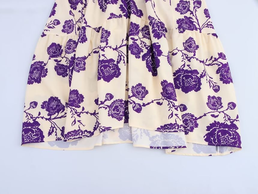 Cumulys - Midi-A-lijnjurk met lange mouwen, V-hals en bloemenprint