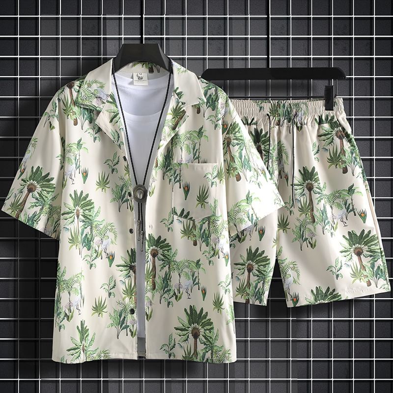 Acrius - Set: Hawaii-overhemd met korte mouwen en tropische print + korte broek met trekkoord