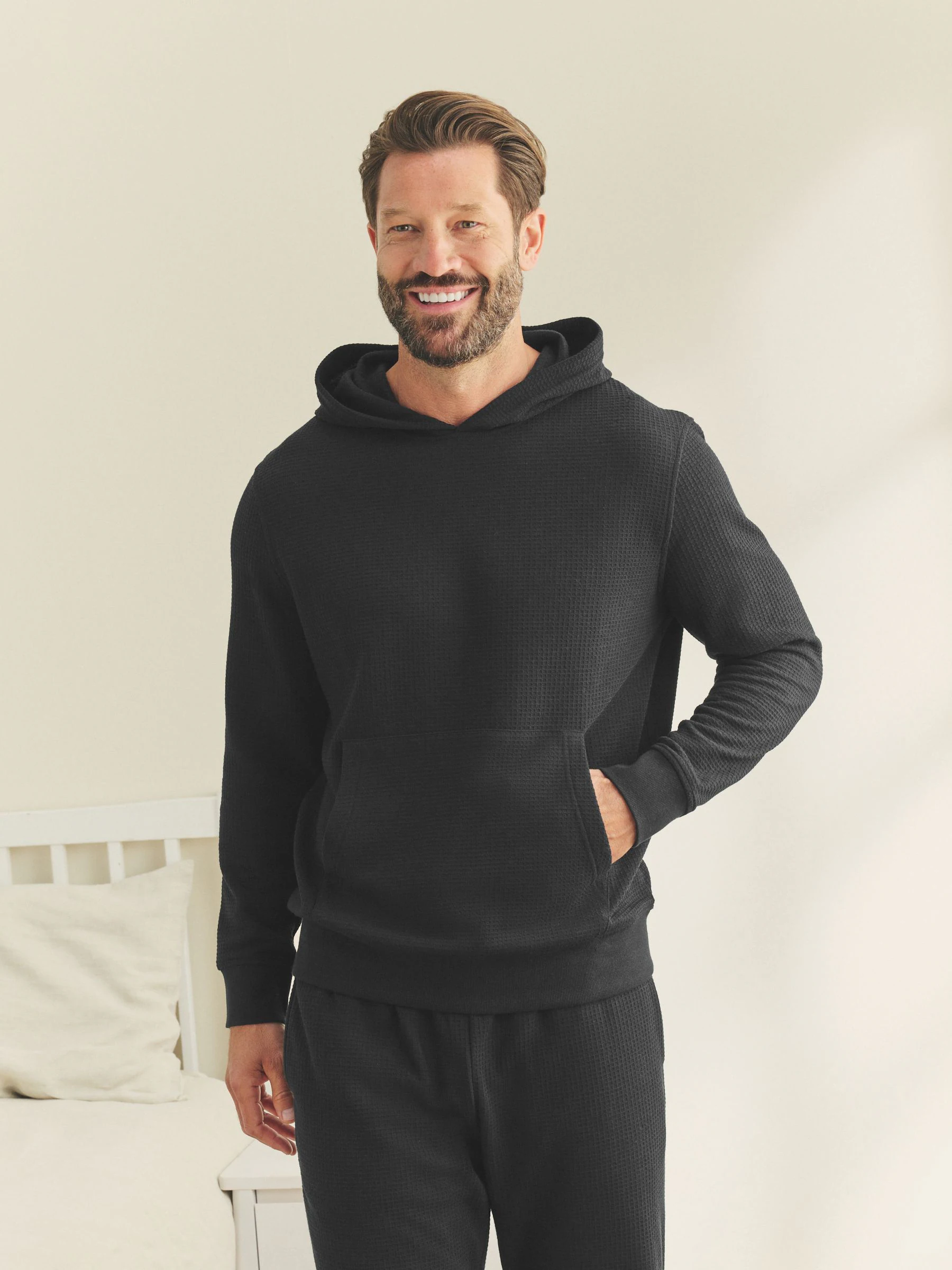 Zwart - Zachte Wafelstof Pyjama's Set met Hoodie