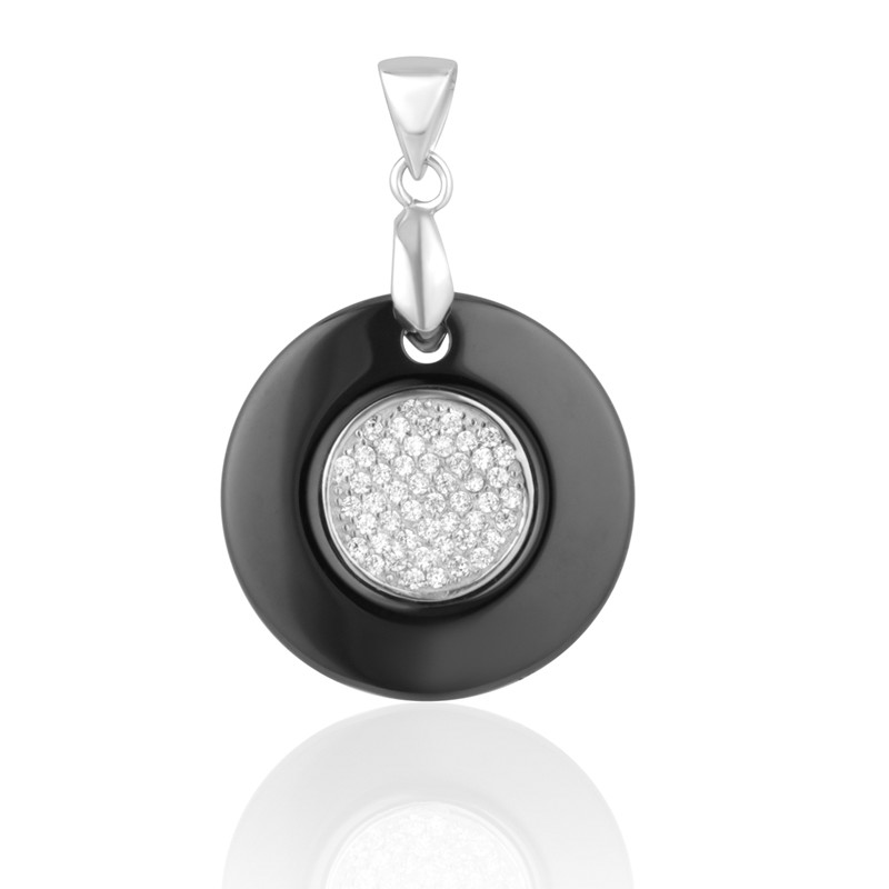 Pendentif Cercle en Céramique Noir, Cristaux Cubic Zirconia Blancs et Argent 925