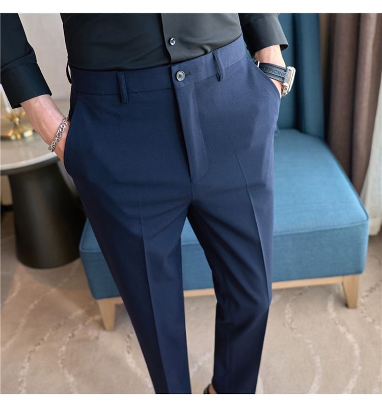 Lefitt - Mid Rise Plain Cropped Straight Leg Dress Pants