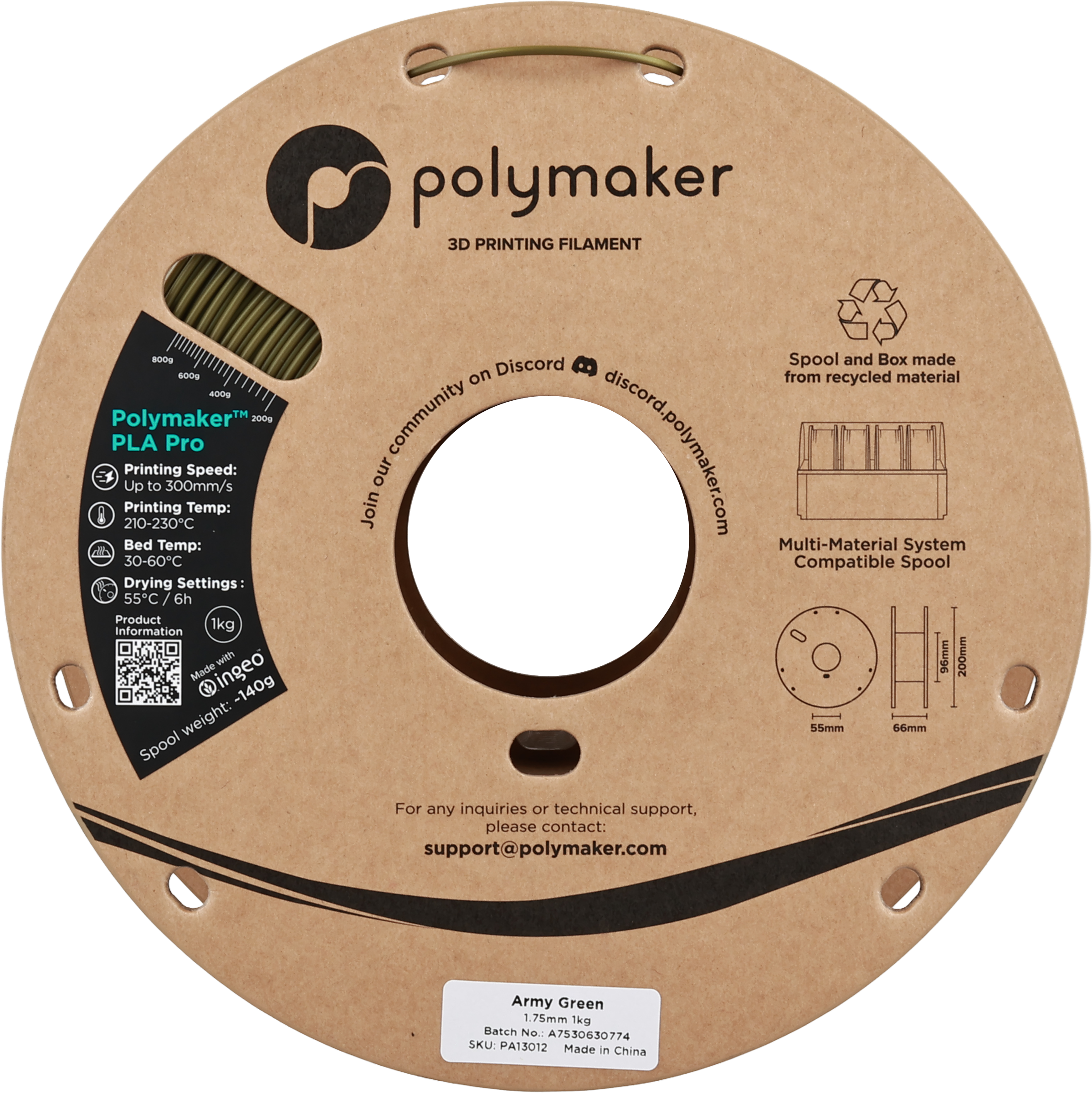 Polymaker  PLA Pro Army Green, 1,75 mm / 1000 g    Neue, verbesserte Formulierung: Hochleistungs-High Speed-PLA in Army Green