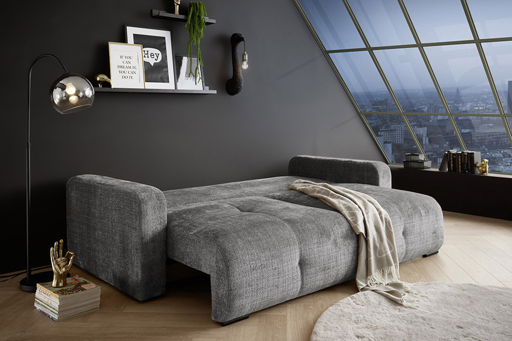 Modernes Schlafsofa DIAMOND 235cm silbergrau Chenille Cremona mit Stauraum 3-Sitzer