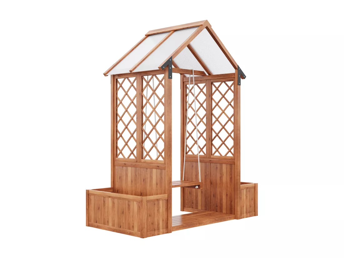 Cache-pot, balançoire d'extérieur, jardinière avec treillis, avec toit ouvrant en polycarbonate. Jardinière en bois massif marron
