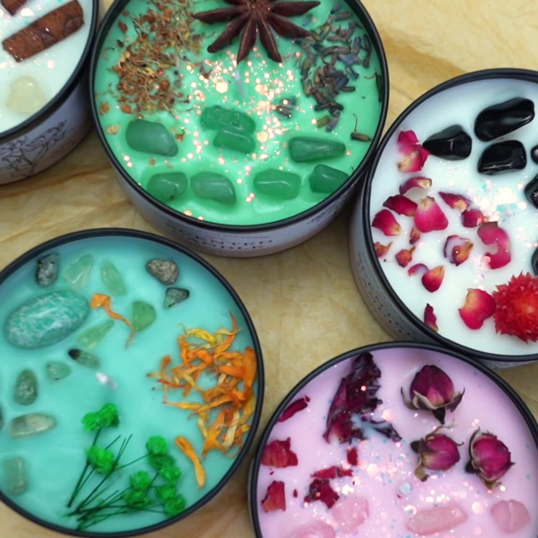 Duft Kerze in Dose Aromatherapie Sojawachs Kerze Home Deko Kristall Steine / Blumen - Grün Tee
