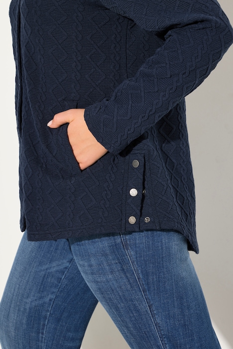 Hoodie-Jacke, Zopfmuster, Druckknöpfe, hinten länger