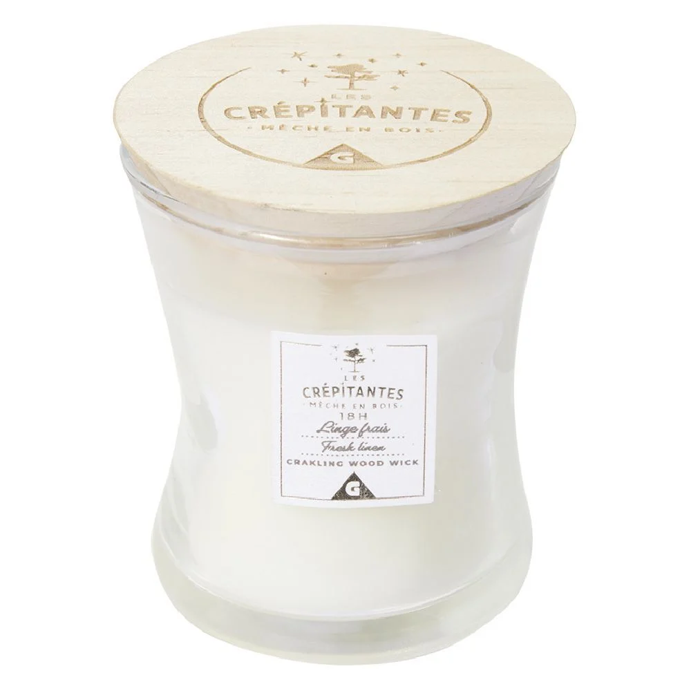 Bougie parfumée blanche Les crépitantes senteur linge frais 18H