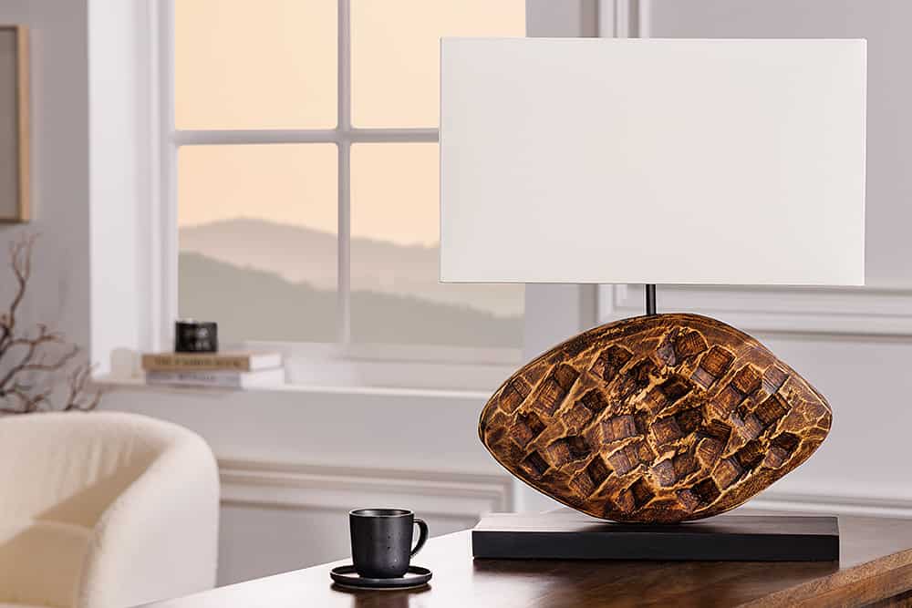 Design Tischlampe REEF 50cm Regenbaum Massivholz handmade Baumwollschirm weiß
