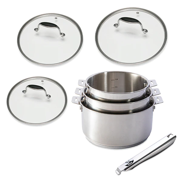 Lot 3 casseroles Clips’inox, couvercles en verre et manche amovible