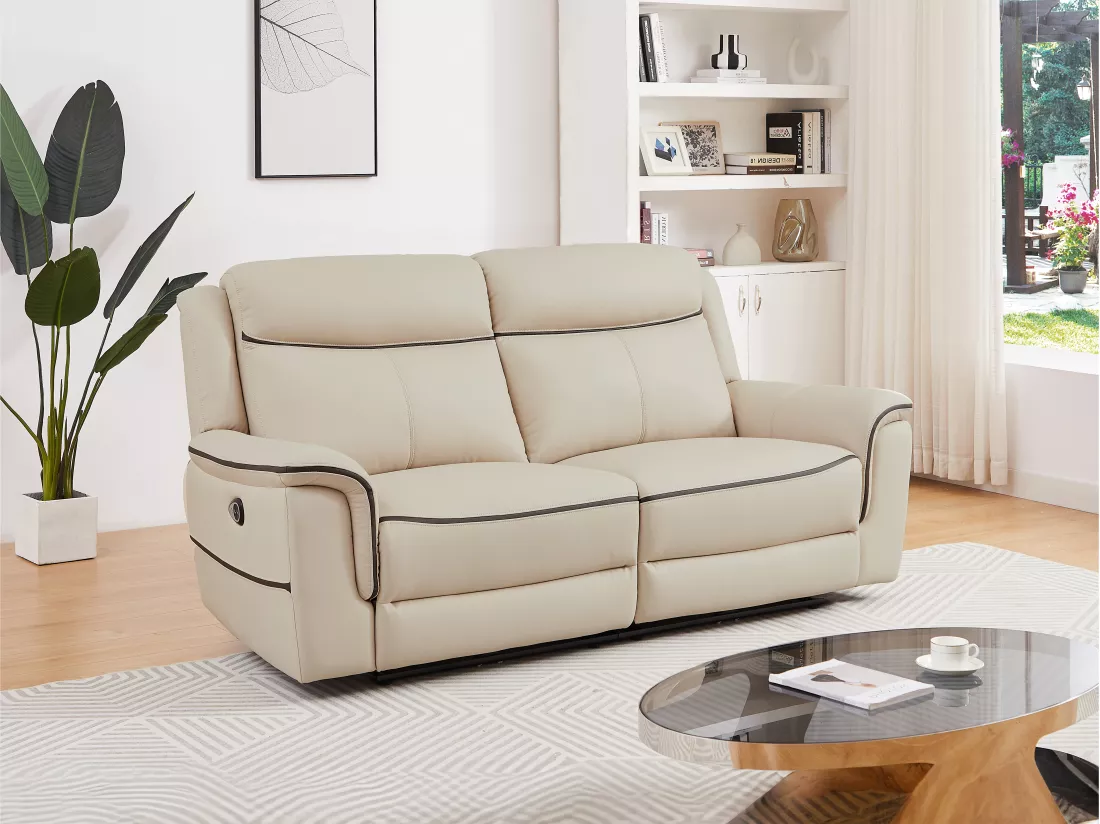 Canapé 3 places relax électrique en cuir beige ADELIO
