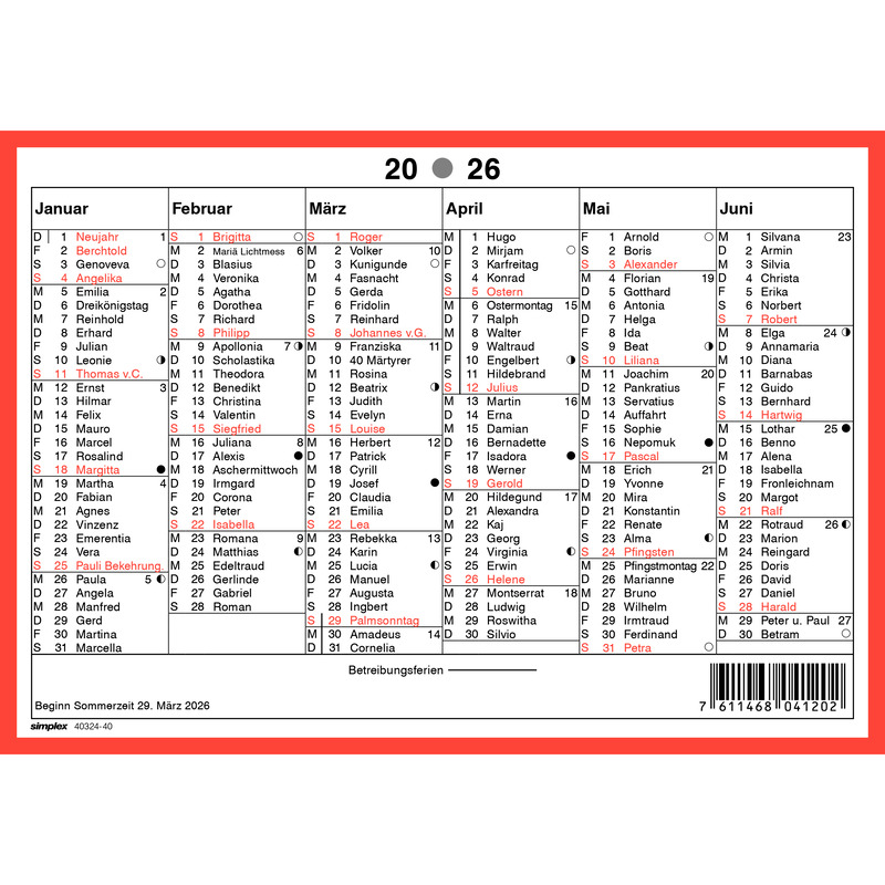 Simplex Wandkalender 2026, A5 quer, 6 Monate / Seite