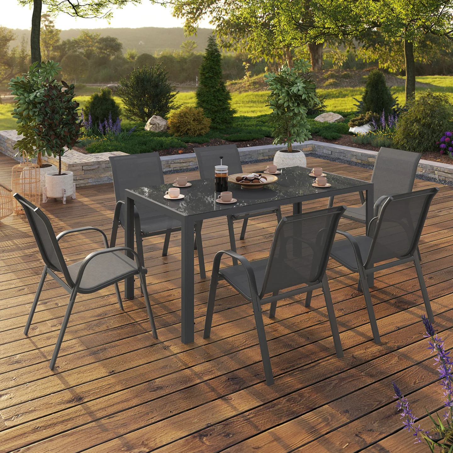 Salon de jardin MADRID table 150 CM et 6 chaises empilables gris anthracite