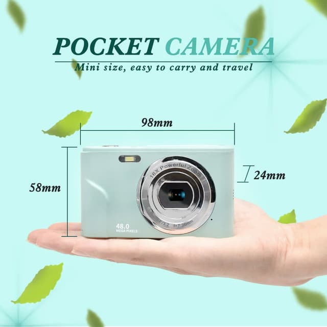 Digitalkamera med 48 MP, HD 1080p, 16x zoom, hukommelseskort Sort