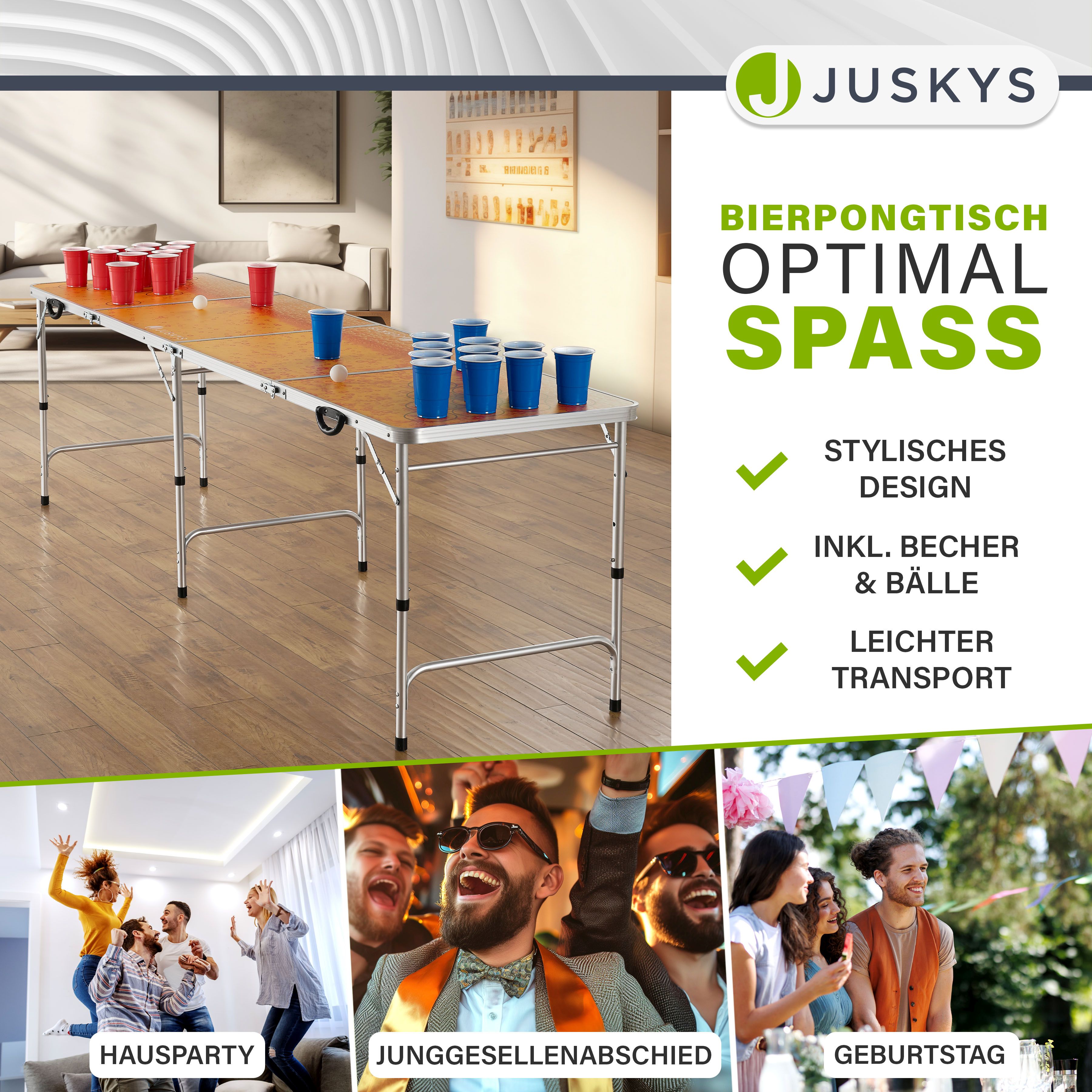 Juskys Beer Pong Tisch Piwo - Bier Trinkspiel Set Becher Bälle - Gelb, Orange