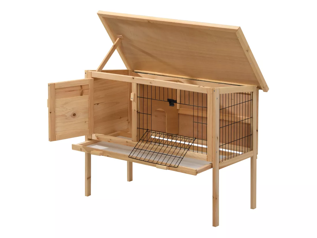 Clapier en bois sur pieds pour lapins et rongeurs - L. 91 x P. 45 x H. 70 cm - Naturel - LAPIUS