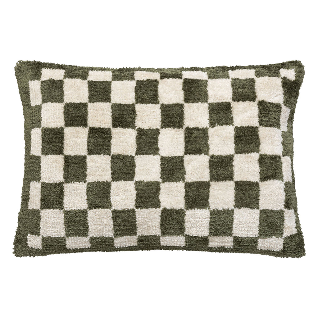 Coussin damier tufte polyester kaki 38x58cm