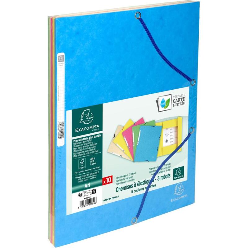 Chemise 3 rabats à élastiques carte lustrée 400g/m2 ® - A4 - Couleurs assorties pastel