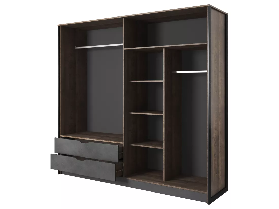 Armoire 4 portes et 2 tiroirs - Avec miroir - L220 cm - Coloris : Naturel et anthracite - LAONILE