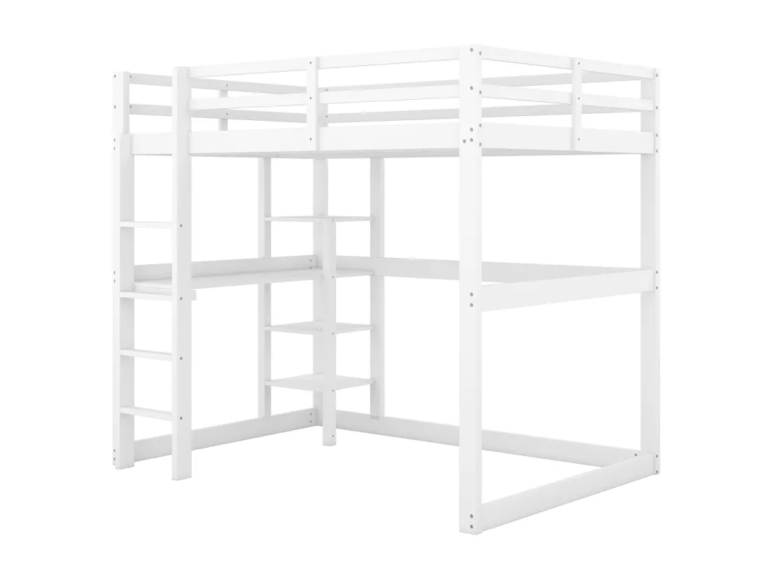 Lit mezzanine 140x200cm en bois massif - avec bureau et étagères - Blanc