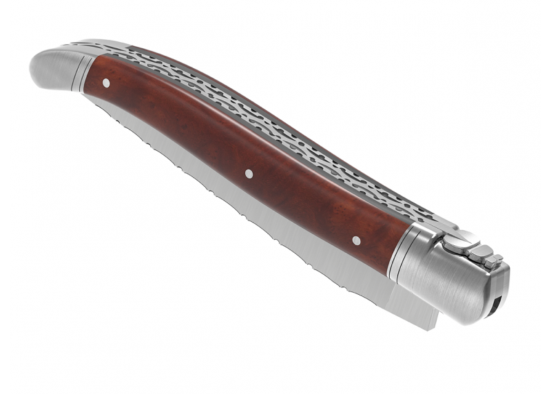 Couteau Laguiole prestige avec un manche en loupe d'amboine et mitres en acier inoxydable