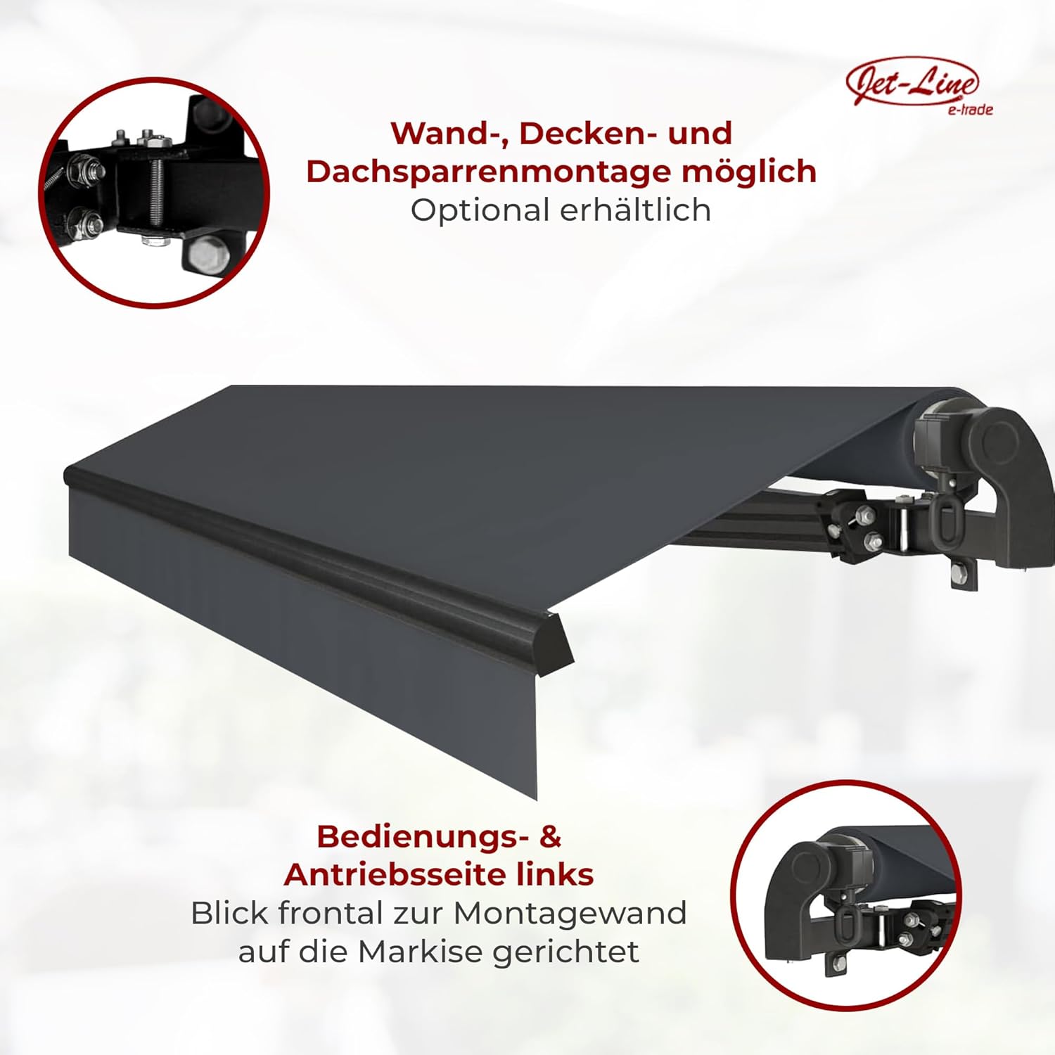 Jet-Line Markise 5 x 3 m in Anthrazit – Sonnenschutz mit Kurbel, UV-Schutz, wetterfest, manuell ausfahrbar, ideal für Terrasse & Balkon
